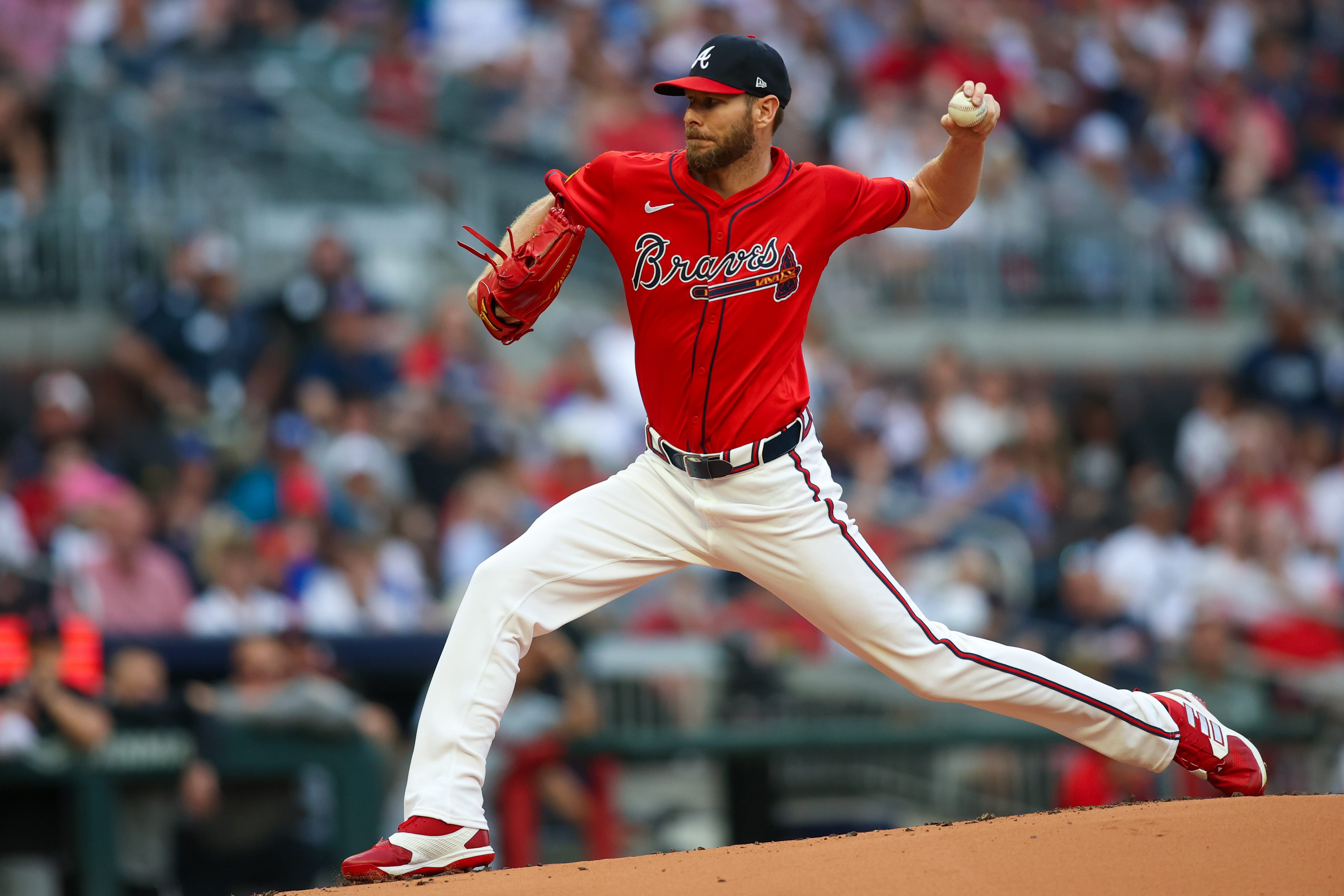 Apr 26, 2024; Atlanta, Georgia, USA; Atlanta Braves starting pitcher Chris Sale (51) throws against the Cleveland Guardians in the first inning at Truist Park. Mandatory Credit: Brett Davis-USA TODAY Sports